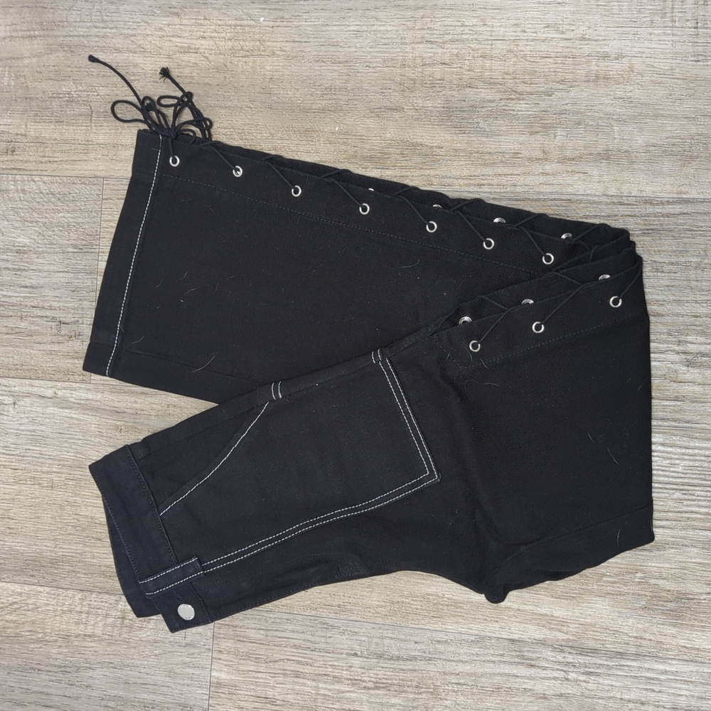 Blk Wide Leg Lace Up Carpenter Jeans